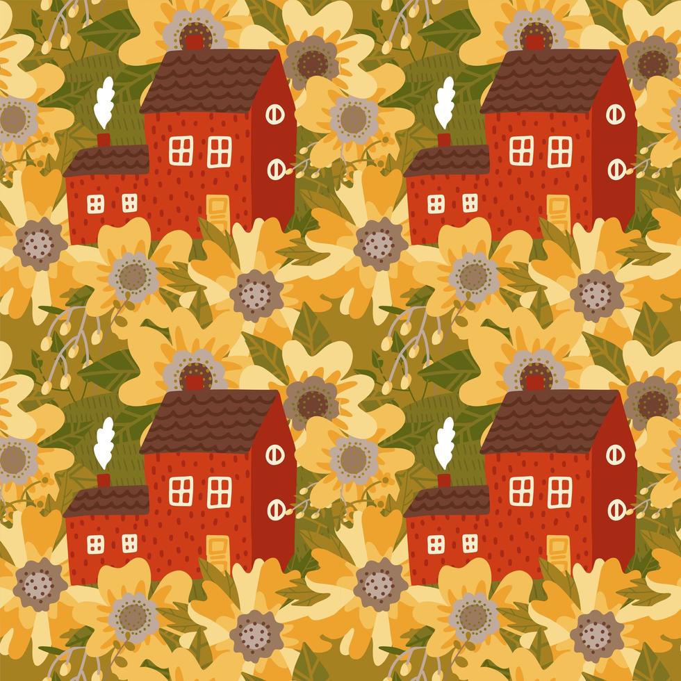 naadloos patroon - schattig klein oud huis tussen enorme gele lentebloemen. mooie cartoon gebouw illustratie in platte vector stijl.