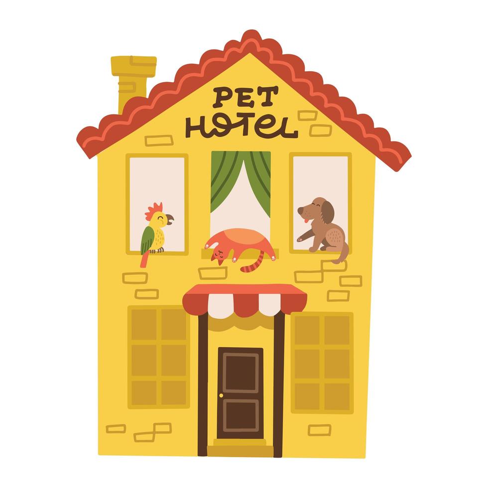 hotel voor huisdieren gevuld met hond, papegaai en kat. huisdier huis bouwen met leegstandsvrije plaatsen concept. platte vectorillustratie. uniek cartoonontwerp voor zakelijke website vector