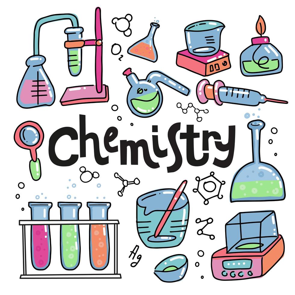 hand getrokken kleur chemie en wetenschap pictogrammen instellen. verzameling laboratoriumapparatuur in doodle-stijl. kid chemisch laboratorium en wetenschappelijke elementen, formules, reageerbuis. belettering offerte chemie. vector