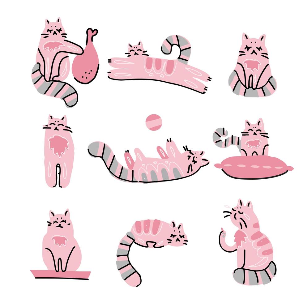 grappige handgetekende katten set. roze dieren vector doodle scandinavische stijl illustratie met schattige kittens. verzameling van verschillende huisdierhoudingen - eten, spelen, slapen