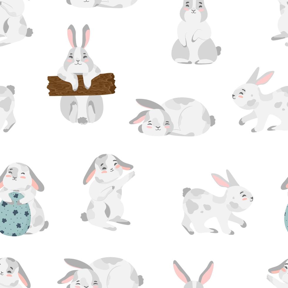 gelukkig paashaas vector naadloze patroon. lente achtergrond met konijnen of hazen voor textiel, behang of print design. platte cartoon textuur illustratie
