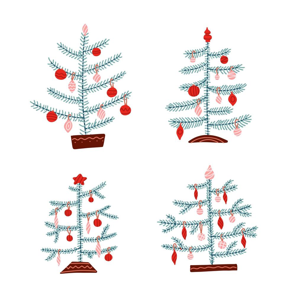 set kerstbomen in scandinavische stijl. nordic concept hand getekende vectorillustratie voor minimalistische ontwerpen. kan worden gebruikt als t-shirtsjabloon en vakantiedecoratie. vector