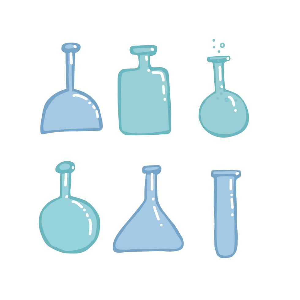 lege chemie reageerbuizen vector schets onderwijs en wetenschap illustratie in kleur vlakke stijl. set hand getrokken glazen kolf bol met op witte achtergrond.