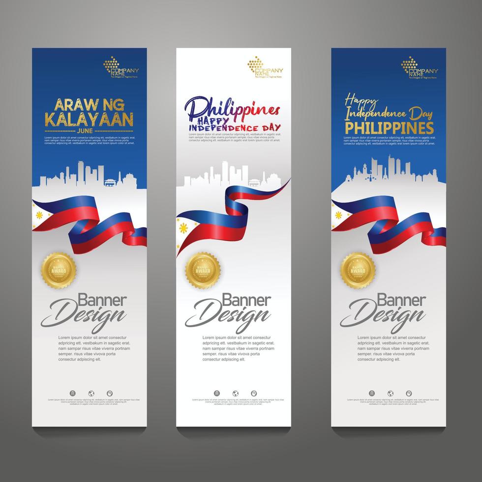 verticale banner ontwerpsjabloon instellen. gelukkige onafhankelijkheidsdag Filippijnen moderne achtergrond met lintvlag, gouden toekenningslint en silhouetstad vector