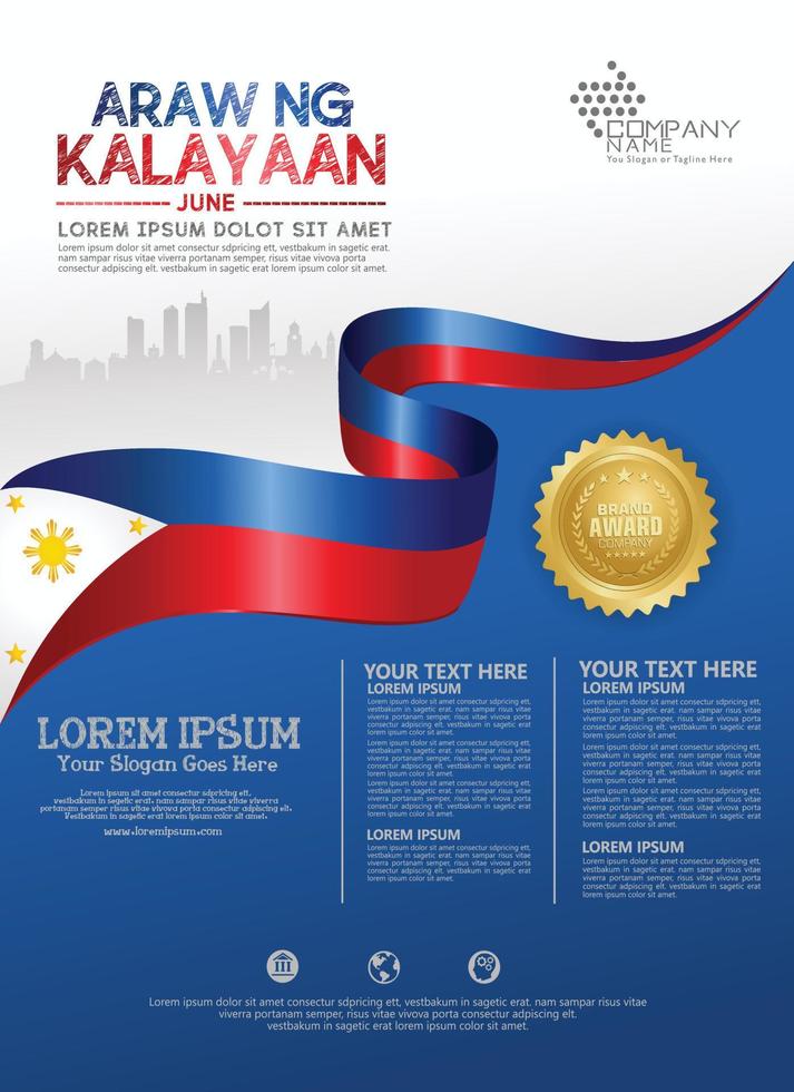 Filippijnen gelukkige nationale dag achtergrond sjabloon met lint vlaggen en silhouet stad voor een poster folder en brochure vector