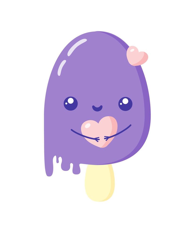 schattige cartoon-ijs met grappig gezicht en roze harten. kawaii-personage voor kinderontwerp. platte vectorillustratie. vector