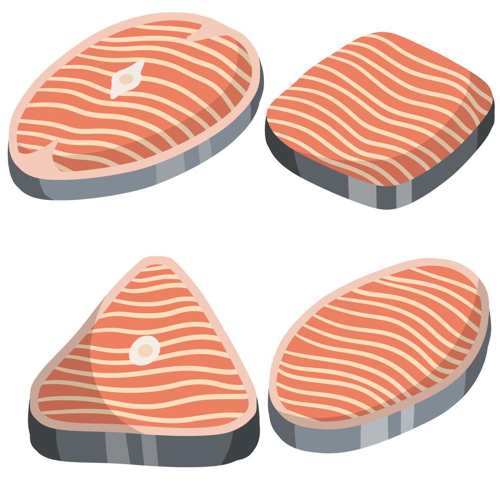 stukje rode zalm visvlees met roze streep. het afgesneden deel. plakjes met grijze huid. keuken- en maaltijdelement. cartoon afbeelding. set van rauwe zeevruchten. voedsel voor het koken van sushi vector