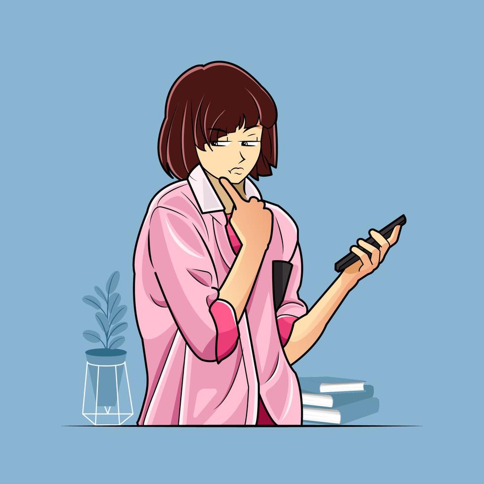 jong meisje met behulp van telefoon met negatieve expressie vectorillustratie gratis download vector