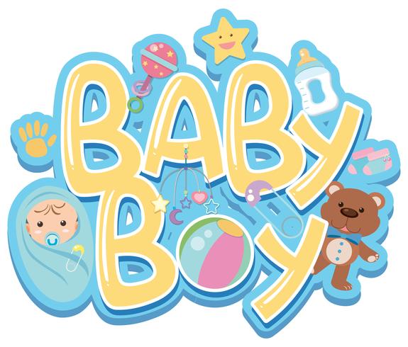 Lettertype ontwerp voor woord babyjongen met baby en speelgoed vector