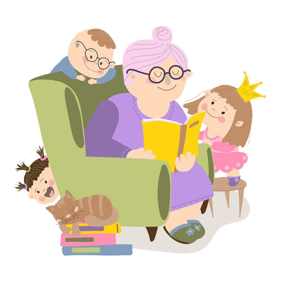 oma leest boeken voor aan haar kleinkinderen. een oudere vrouw zit in een leunstoel en leest een boek. de kleinkinderen staan bij de grootmoeder. vectorillustratie op witte achtergrond vector