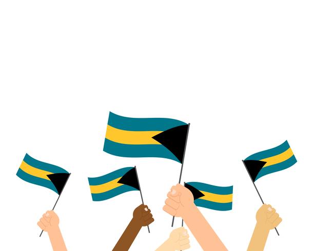 Vectorillustratie die van handen Bahamasvlaggen houden die op witte achtergrond worden geïsoleerd vector