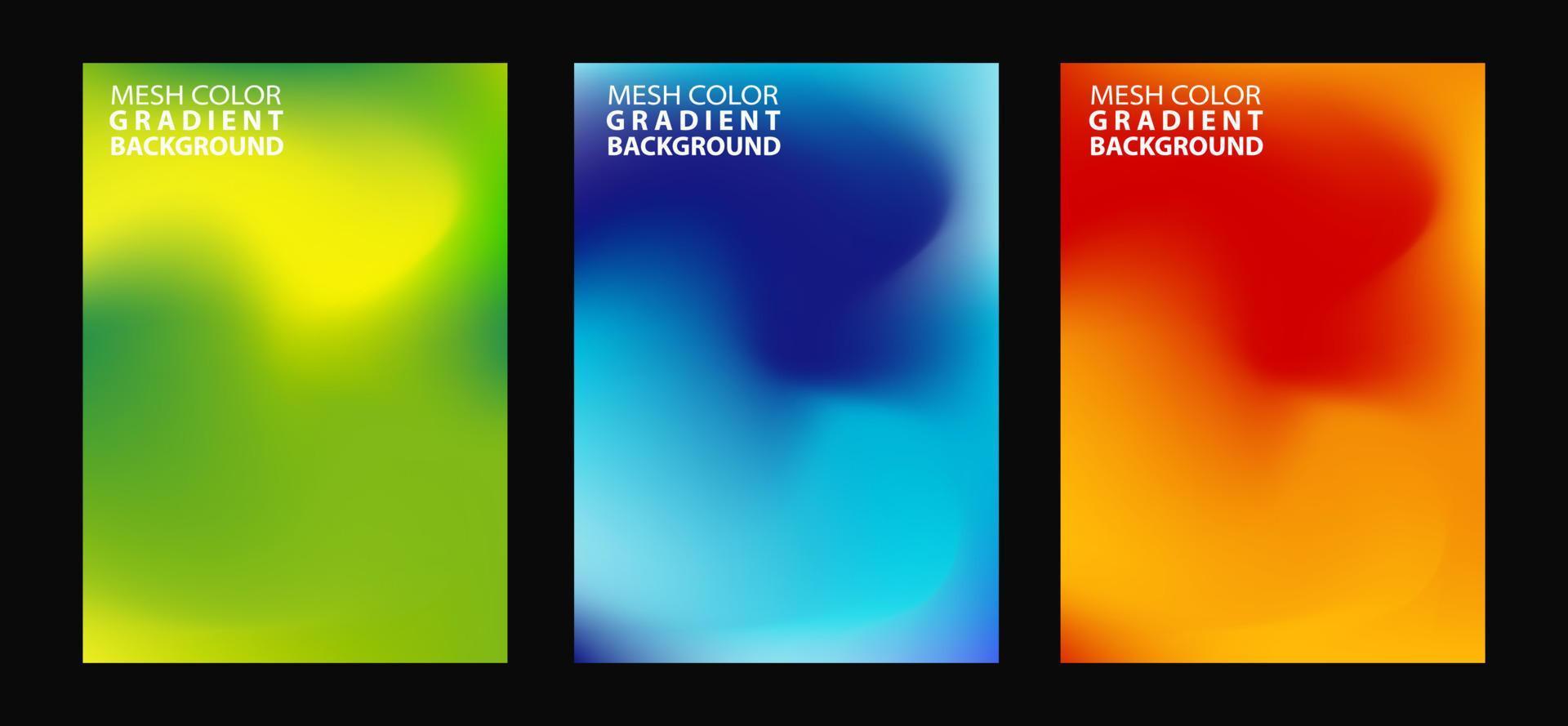 abstracte 3 vloeiende vormen mesh gradiëntkleuren achtergronden instellen. moderne vector sjabloon voor brochure, flyer, dekking, catalogus. kleurrijke vloeiende grafische compositie