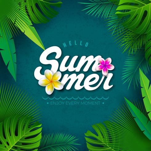 Vector Hallo zomer illustratie met typografie brief en tropische palmbladeren op blauwe achtergrond. Exotische planten en bloemen voor vakantiebanner