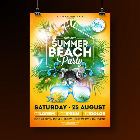 Zomer Beach Party Flyer Design met bloem, reddingsboei en zonnebril op gele achtergrond. Vector zomer viering ontwerpsjabloon met natuur floral elementen, tropische planten en typograpy brief