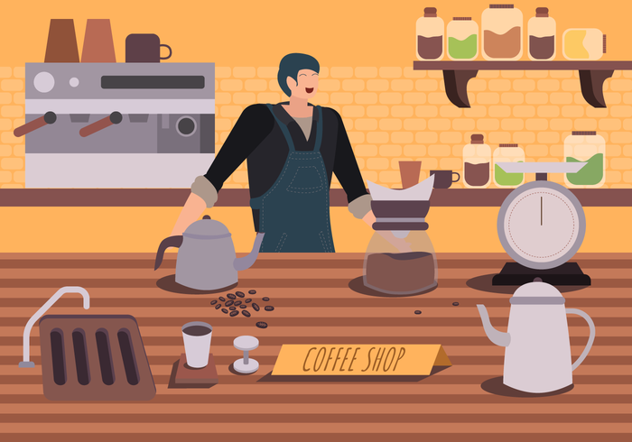 Koffiezetapparaatkarakter bij de Vector Vlakke Illustratie van de Koffiewinkel