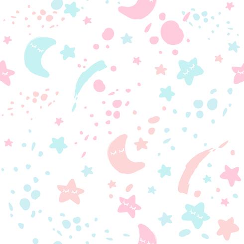 Naadloos kiddish patroon. Roze en blauwe sterren en maan. Moderne babyillustratie vector