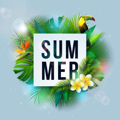 Vector zomer vakantie illustratie met bloem en tropische palmbladeren op oceaan blauwe achtergrond. Toucan Bird, Lifebelt, Beach Ball en Surf Board op Paradise Island