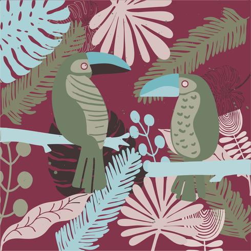 hand getekend Tropische toucan en blad patroon vector