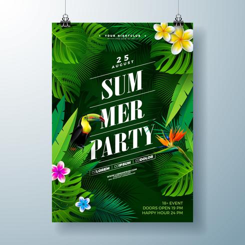 Zomer partij flyer ontwerp met bloem, tropische palmbladeren en toucan vogel op groene achtergrond. Vector zomer strand viering ontwerpsjabloon met natuur floral elementen en tropische planten