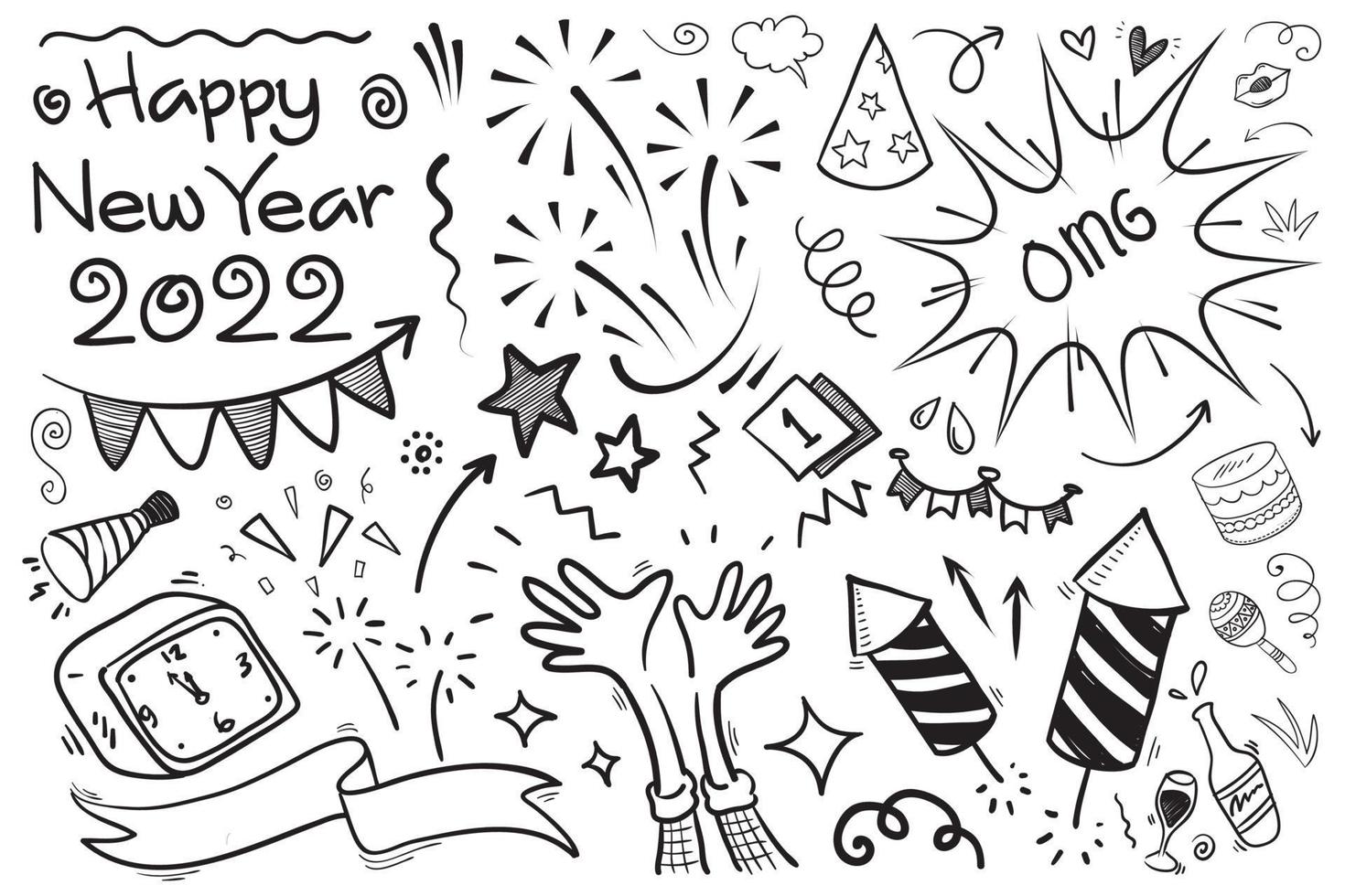 nieuwjaarsfeest doodle elementen in zwart geïsoleerd op witte achtergrond. vector illustratie