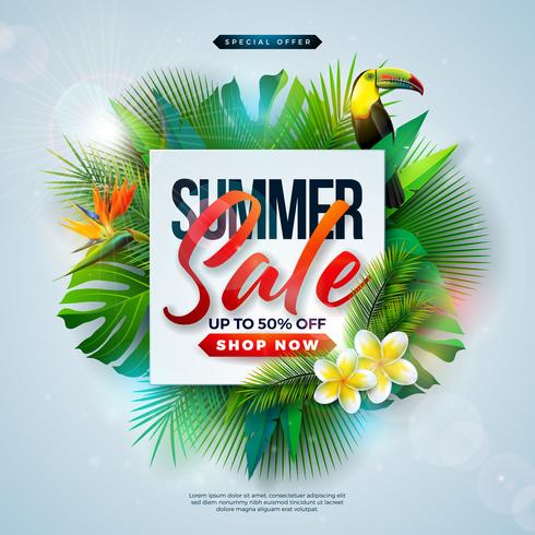 Zomer verkoop ontwerp met bloem, strandvakantie elementen en exotische bladeren op blauwe achtergrond. Tropische bloemen vectorillustratie met speciale aanbieding typografie voor coupon vector