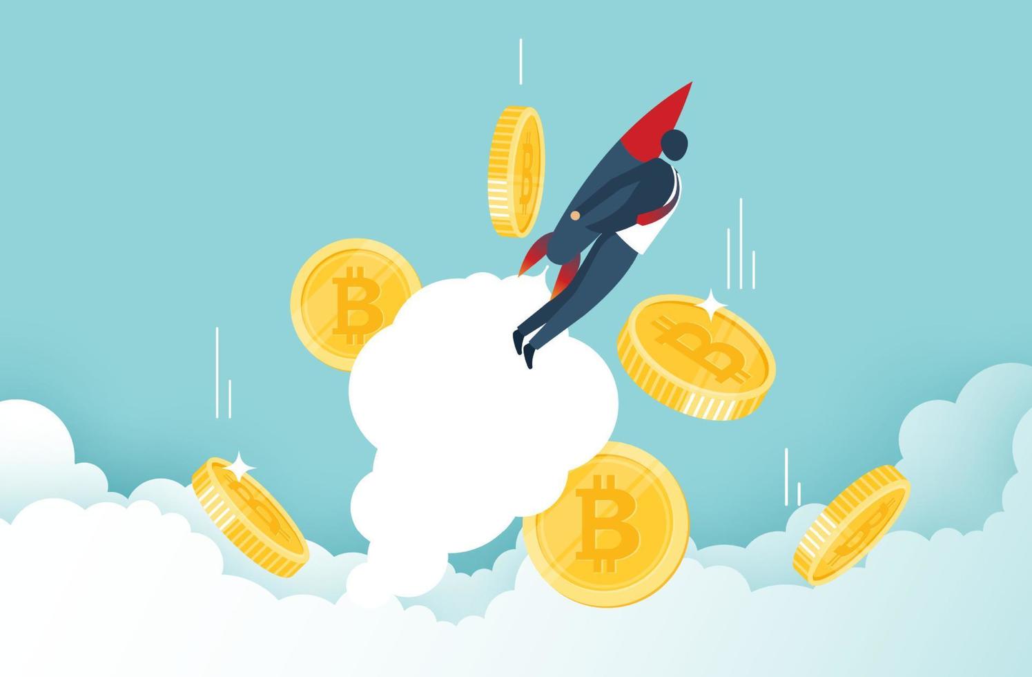 bitcoin schiet omhoog en de groeisnelheid van bitcoin met jetpack die omhoog vliegt met bitcoins in de lucht. crypto-valutaprijs en waardeverhogingsconcept. vector ontwerp