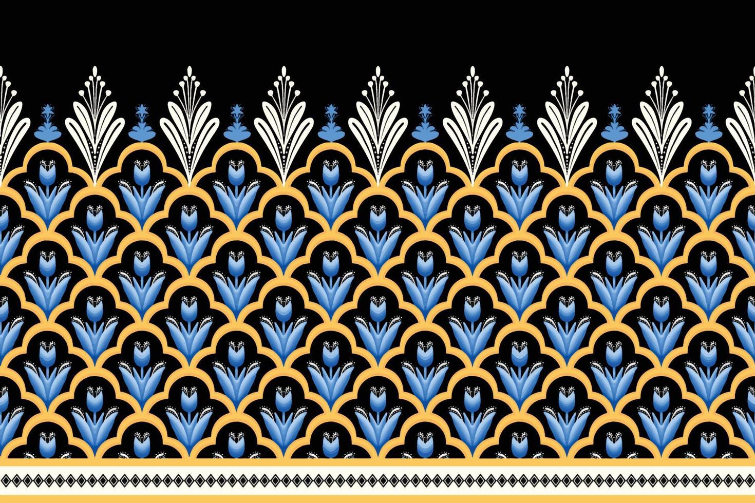blauwe bloem op zwart, wit, geel geometrische etnische oosterse patroon traditioneel ontwerp voor achtergrond,tapijt,behang,kleding,inwikkeling,batik,stof, vector illustratie borduurstijl