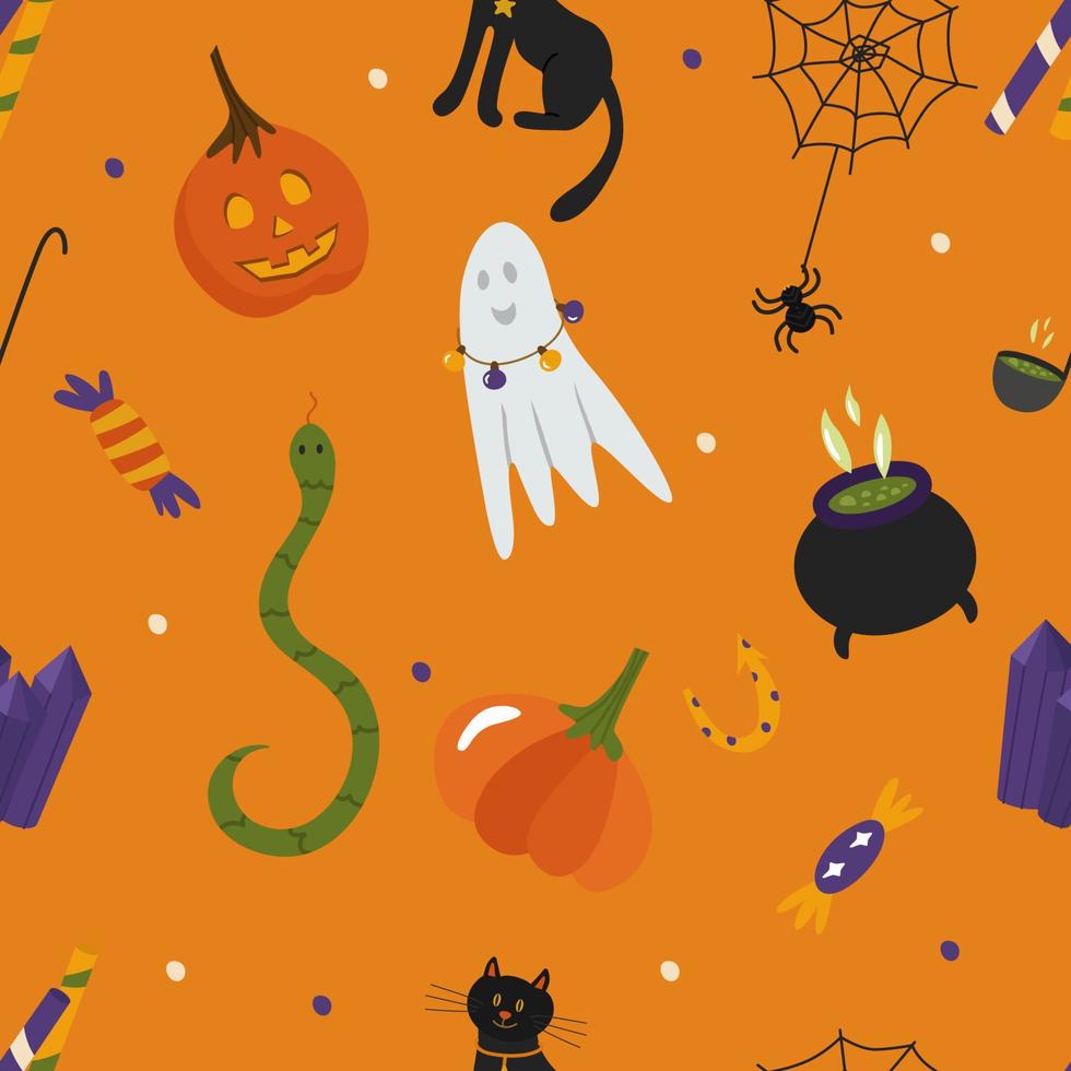 Halloween naadloos patroon met spoken, kat, pompoen, slang, kristal, snoep op een oranje achtergrond. vectorillustratie voor een feest, afdrukken op papier, stof, verpakking, spandoek, poster, briefkaart vector