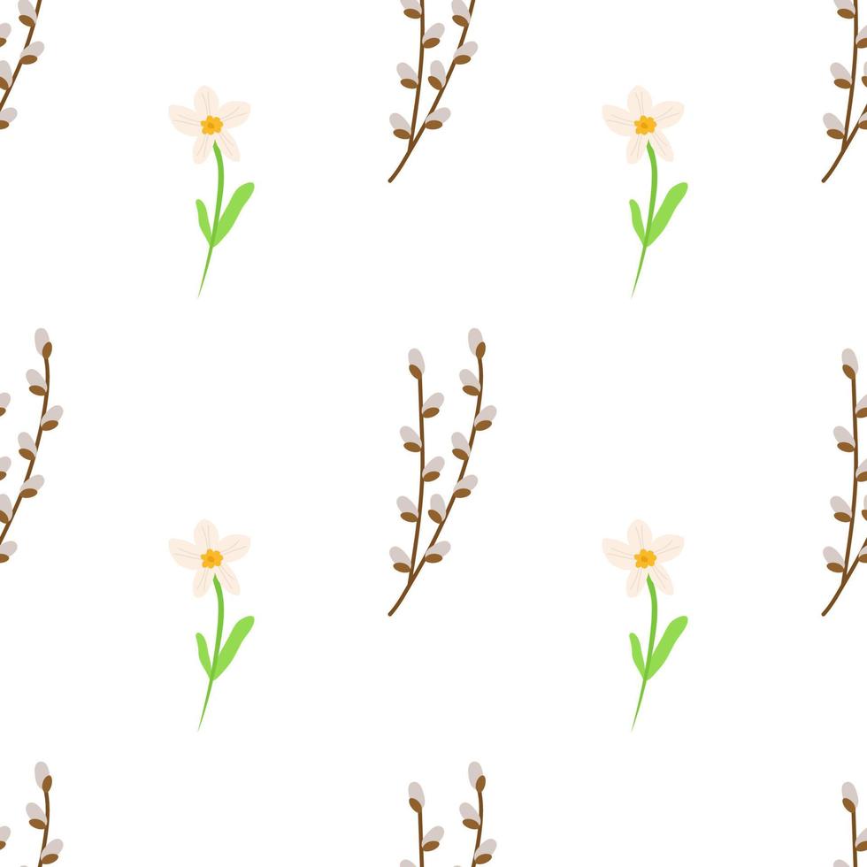 naadloos Pasen-patroon gemaakt van wilgentakjes met narcissen bloemen. feestelijke vectorachtergrond voor afdrukken op papier, stof, verpakking vector