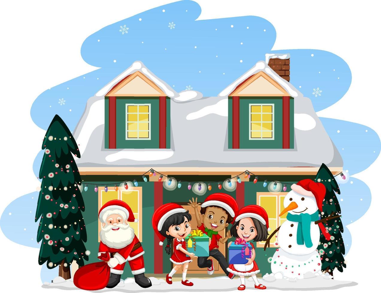 de kerstman met kinderen die voor een huis staan vector