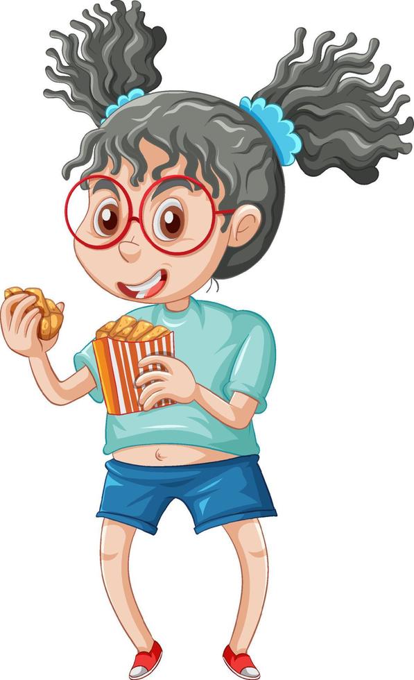een meisje dat fastfood eet op een witte achtergrond vector