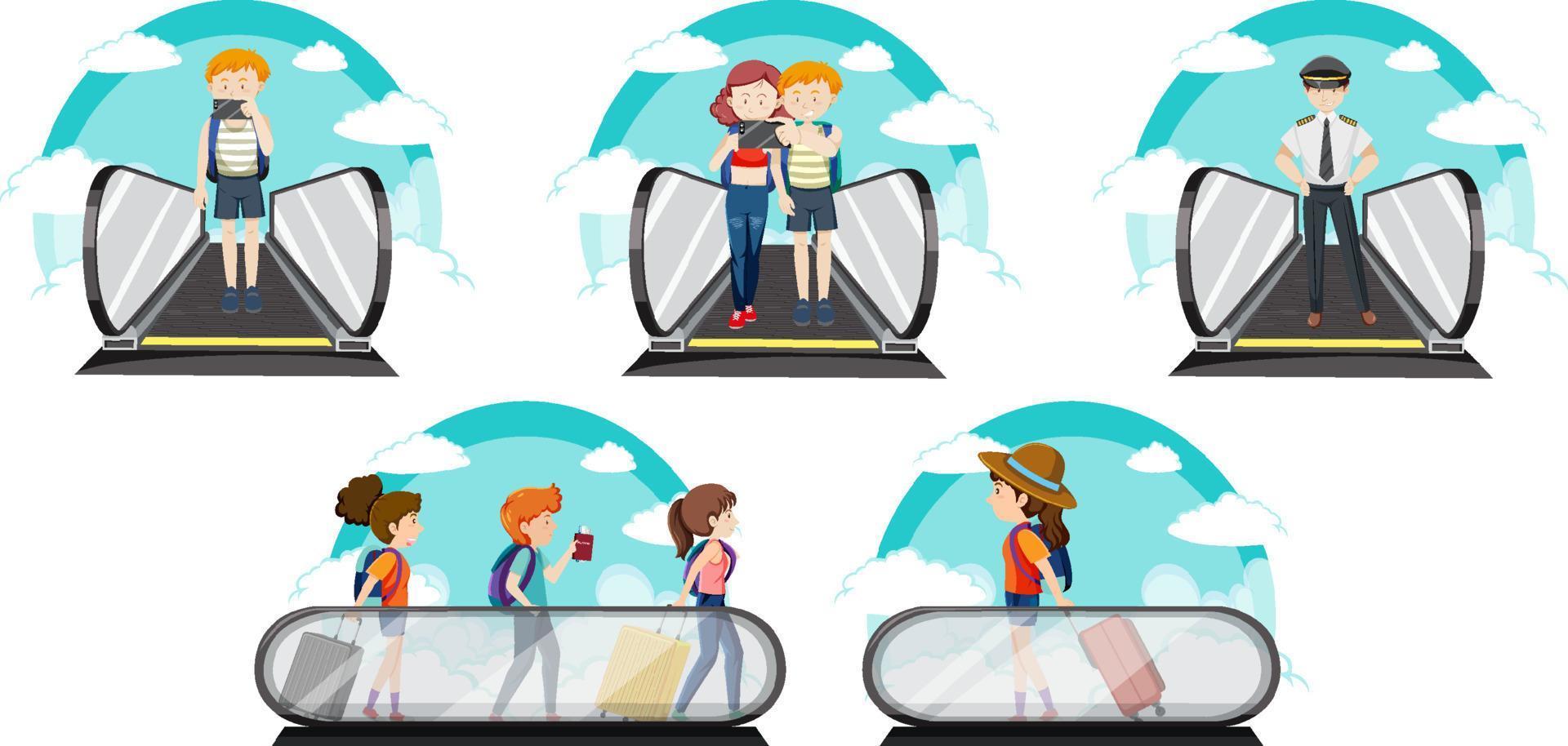 een set van reizen vakantie thema man en vrouwen op witte achtergrond vector