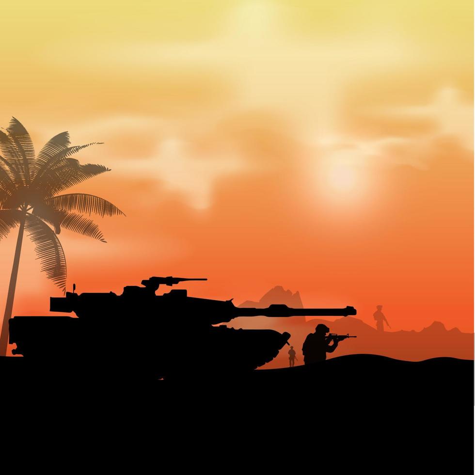 leger tank zonsondergang achtergrond. silhouet van militaire soldaat en tank met zonsondergang achtergrond. vector