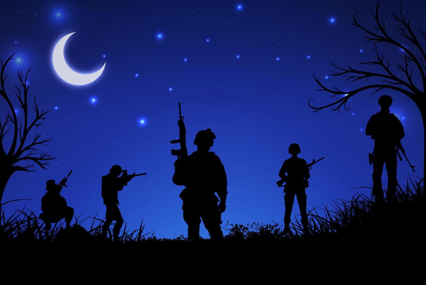 silhouet van militaire soldaat met Sterrennacht achtergrond. soldaat met een pistool op een achtergrond van de nacht. leger militaire soldaat zonsondergang achtergrond vector