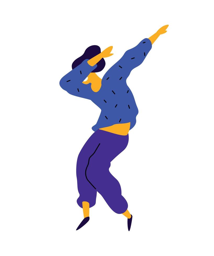 vrolijke man in een blauwe sweater. vector. illustratie van een dansende jonge man. internetmeme. karakter voor de dansstudio. vlakke stijl. bedrijfslogo. positief gelukkig persoon. vector