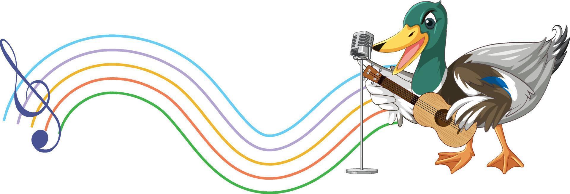 de eend speelt gitaar, ukelele met muzieknoot vector