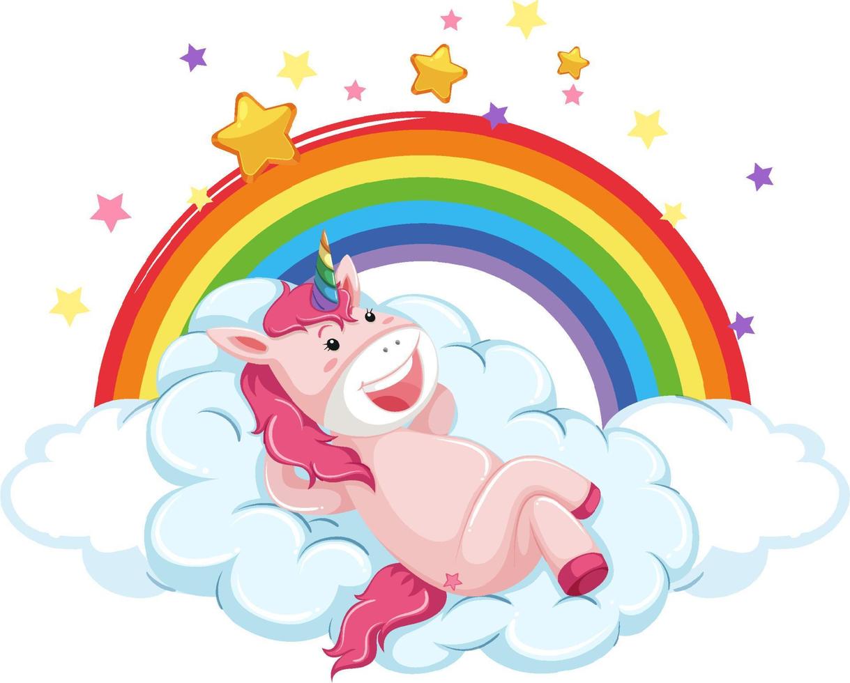 roze eenhoorn liggend op wolk met regenboog in cartoonstijl vector