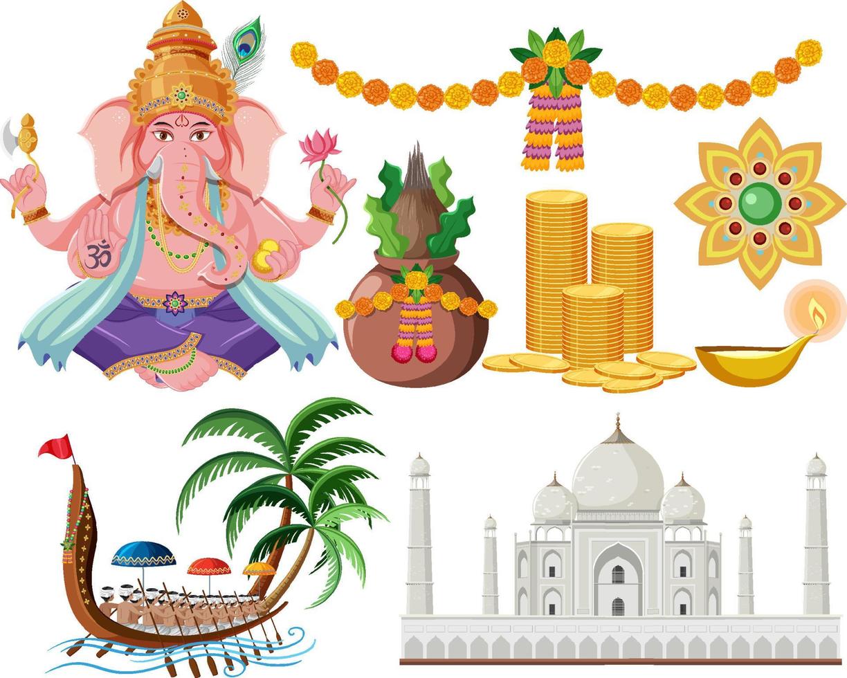 set van Indiase god en offers vector