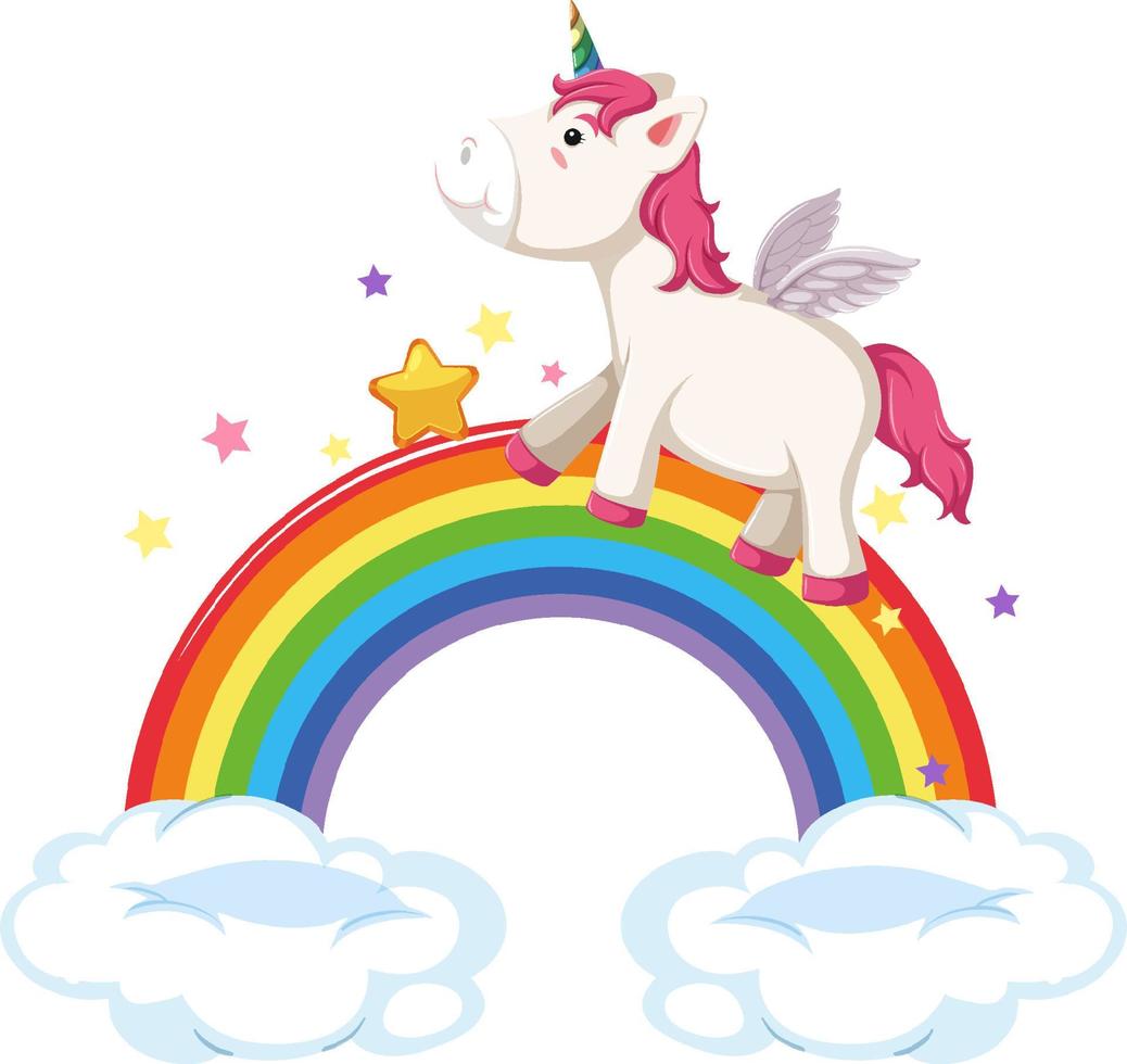 roze pegasus die op regenboog loopt in cartoonstijl vector