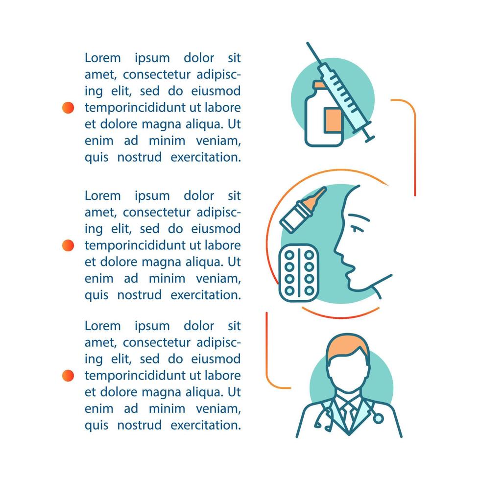 allergie behandeling artikel pagina vector sjabloon. vaccinatie, immunisatie. brochure, tijdschrift, boekje ontwerpelement met lineaire pictogrammen, tekstvakken. print ontwerp. conceptillustraties met tekstruimte