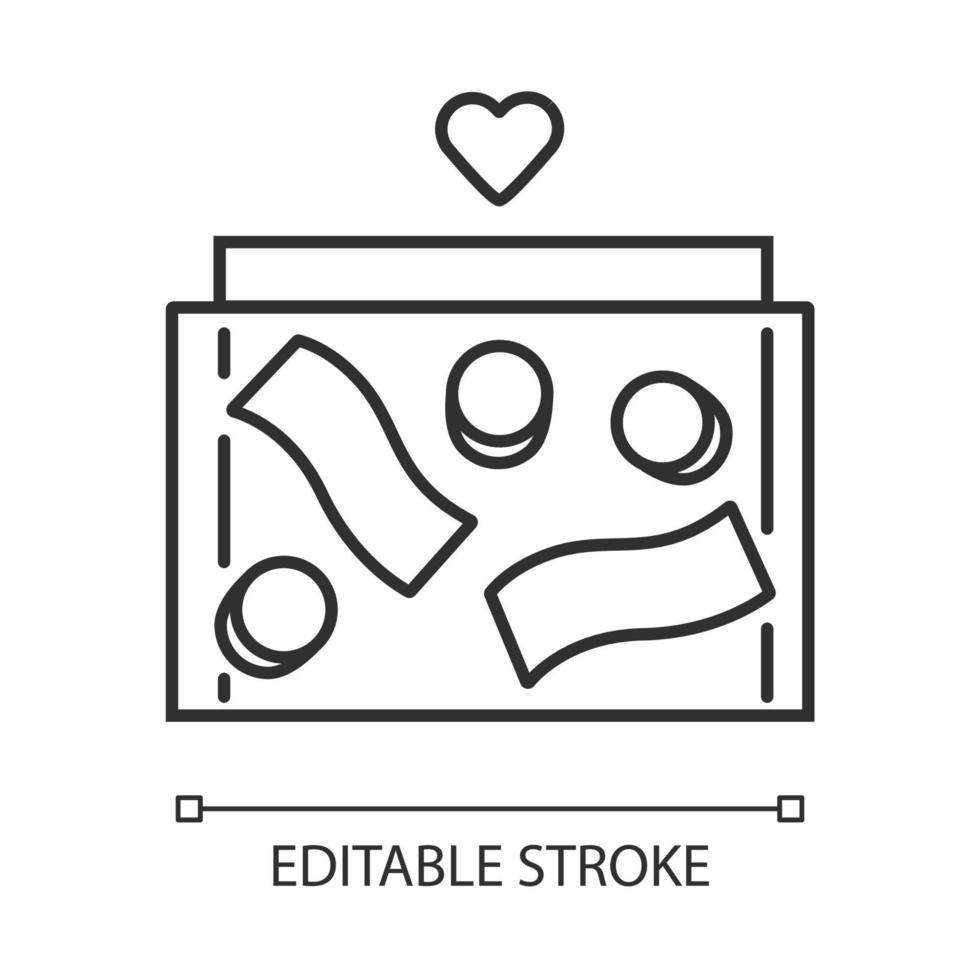 donatie box lineaire pictogram. verzamelbox met bankbiljetten en munten. spaarpot. container voor liefdadigheidsinzameling. dunne lijn illustratie. contour symbool. vector geïsoleerde overzichtstekening. bewerkbare streek