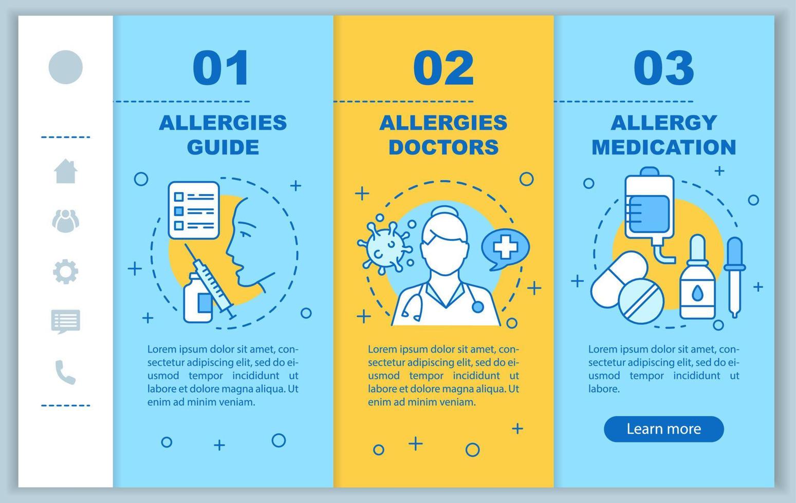 allergie medische hulp onboarding mobiele webpagina's vector sjabloon. allergieën gids, artsen. responsieve smartphone-website-interface met illustraties. webpagina walkthrough stap schermen. kleur concept