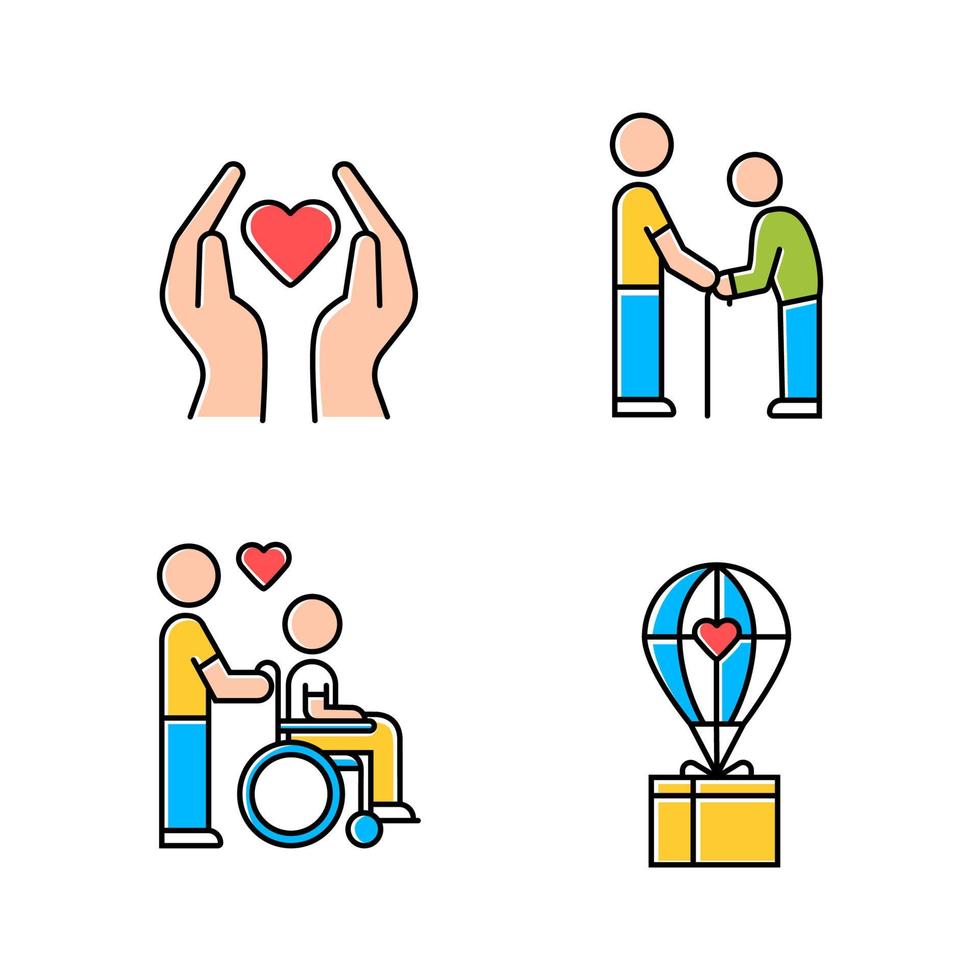 vrijwilligerswerk gekleurde pictogrammen instellen. liefdadigheidsproject, hulp aan gehandicapten en ouderen, humanitaire hulp. gemeenschapsdienst helpen. geïsoleerde vectorillustraties vector