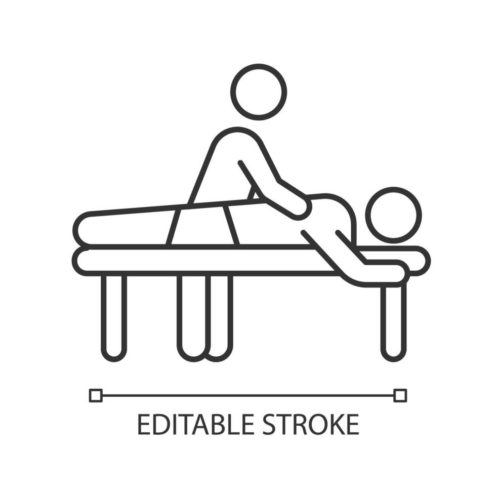 massage lineaire pictogram. kuuroord. medische ingreep. verlichting van rugpijn. fysieke behandeling. blessure genezing. dunne lijn illustratie. contour symbool. vector geïsoleerde overzichtstekening. bewerkbare streek