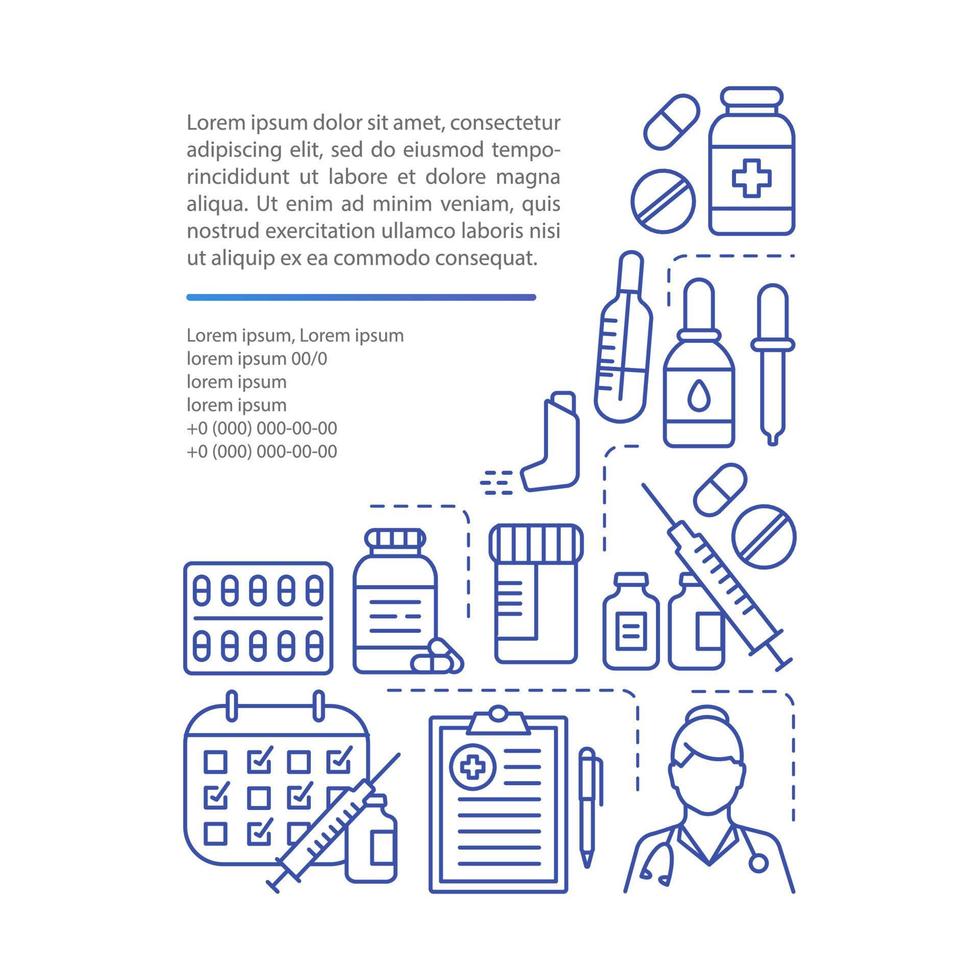 allergie behandeling artikel pagina vector sjabloon. antihistaminica. brochure, tijdschrift, boekje ontwerpelement met lineaire pictogrammen en tekstvakken. print ontwerp. conceptillustraties met tekstruimte