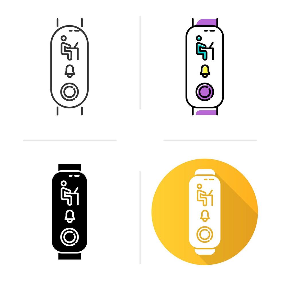 fitness tracker met werkende man op display pictogrammen instellen. wellness-apparaat met melding van werkuren. digitaal apparaat met herinnering voor werknemers. lineaire, zwarte en kleurstijl. geïsoleerde vectorillustraties vector