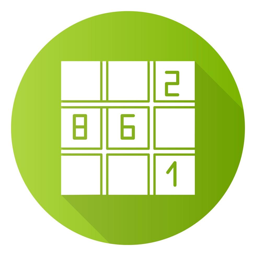 sudoku puzzel groen plat ontwerp lange schaduw glyph pictogram. nummerplaatsing spel. mentale oefening. vindingrijkheid, kennis, intelligentietest. denkspelletje. oplossing vinden. vector silhouet illustratie