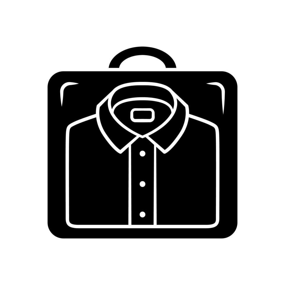 shirt transporter glyph icoon. doorzichtige plastic kledingkoffer. shirt shuttle. reisbagage verpakking organisator. kledingzak, symbool van het containersilhouet. negatieve ruimte. vector geïsoleerde illustratie