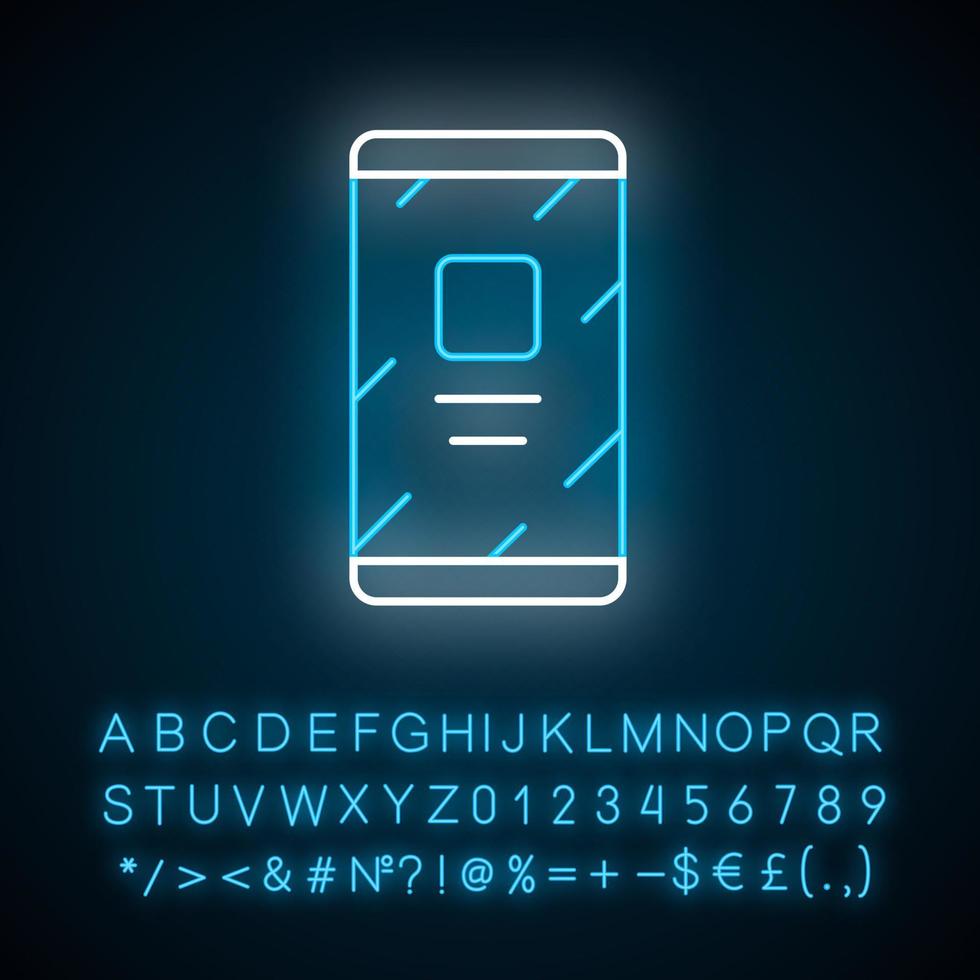 mobiele telefoon, neonlichtpictogram voor mobiele telefoons. gloeiend bord met alfabet, cijfers en symbolen. moderne smartphone vector geïsoleerde illustratie. communicatietechnologie, mobiele telefoon met touchscreen