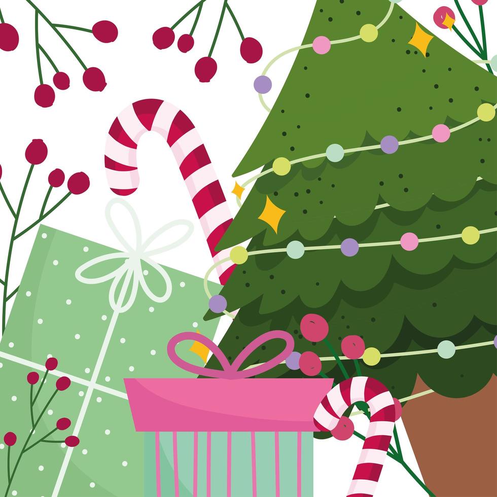 kerstboom cadeaus en snoep vector